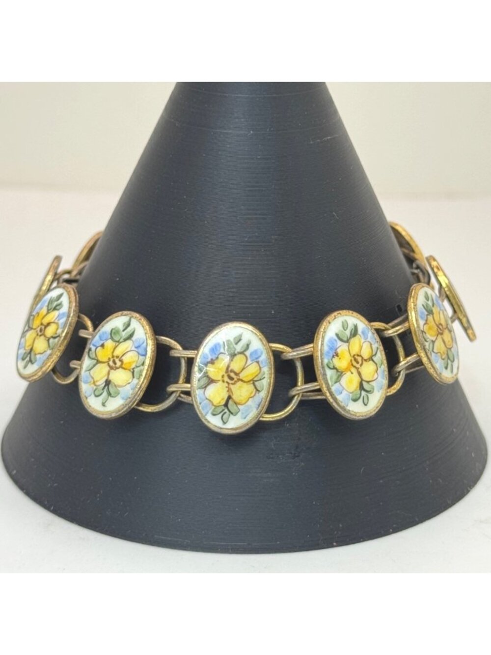 Bliss Brothers Sterling Oval Enamel Tennis Yellow Flowers Rose Bracelet Vintage